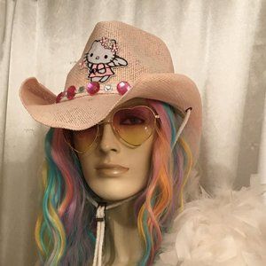 ADORABLE vintage cotton candy pink cowboy hat with hello kitty and crystals!